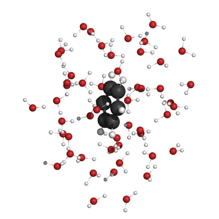 苯: 溶质分子及其第一水合层水分子的球棍模型渲染图