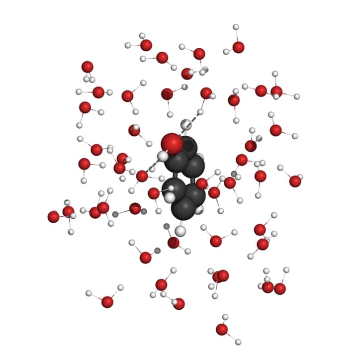 苯酚: 溶质分子及其第一水合层水分子的球棍模型渲染图